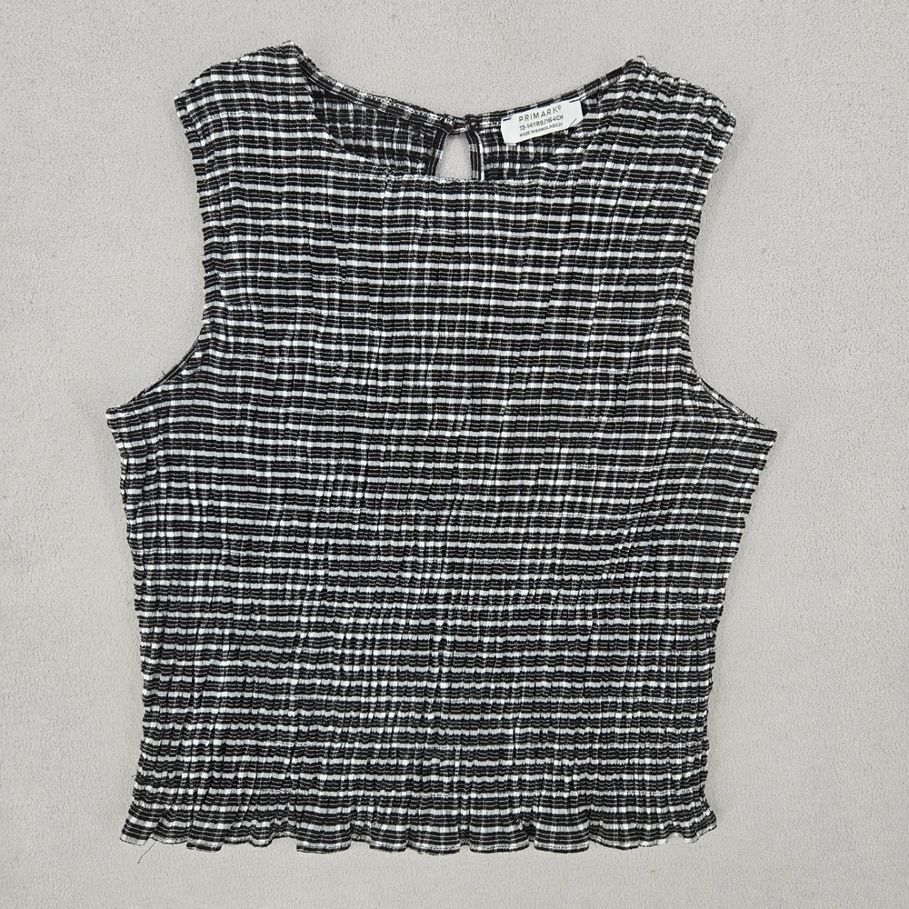 Primark Girls New 13-14Y Sleeveless Striped Crinkle Top Black White Lettuce Hem